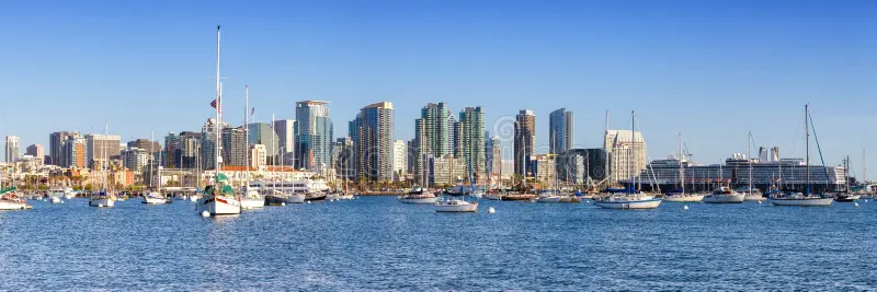 aerial shot of downtown San Diego with the ocean